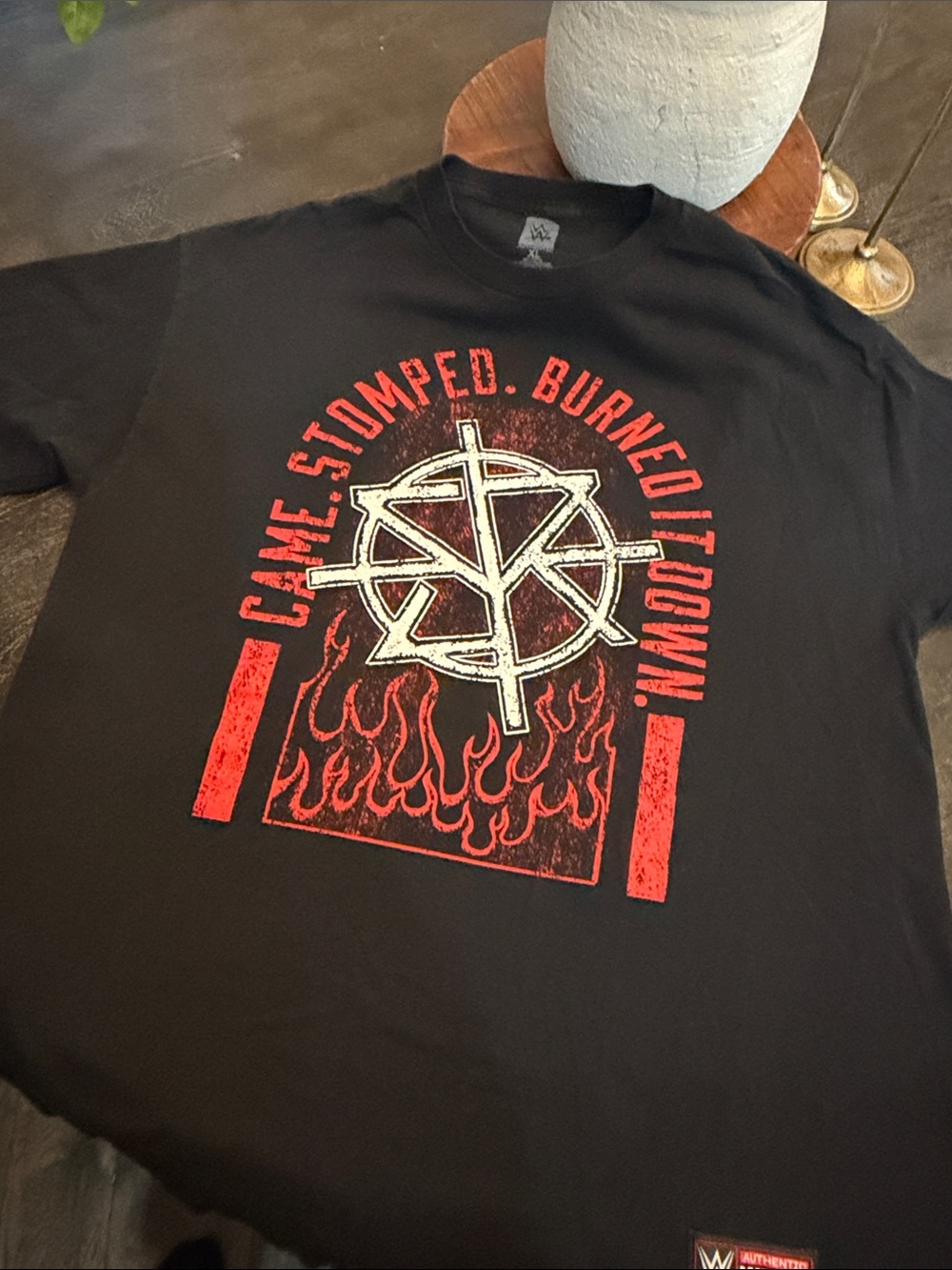 WWE Black Short-Sleeve Graphic Tee with Red Flame Logo